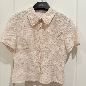 Women Beige Lace Short Sleeve Blouse/Top